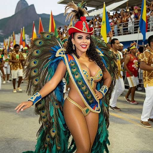 Photograph of a curvy Black woman in an elaborate peacock-themed carnival costume, red hat, peacock feathers, gold jewelry, and red lipstick