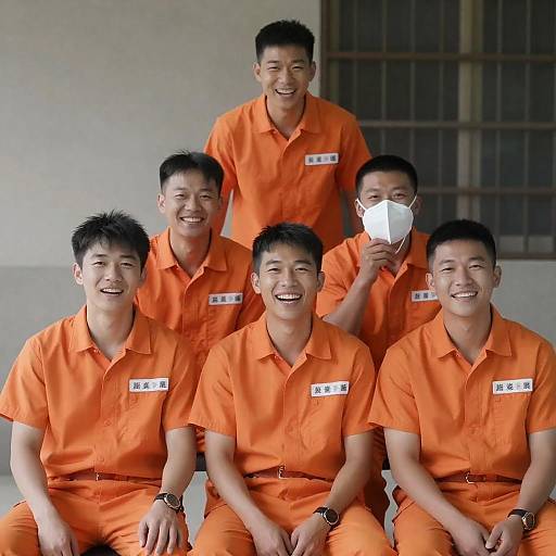 Joyful Group of Men in Prison Uniforms