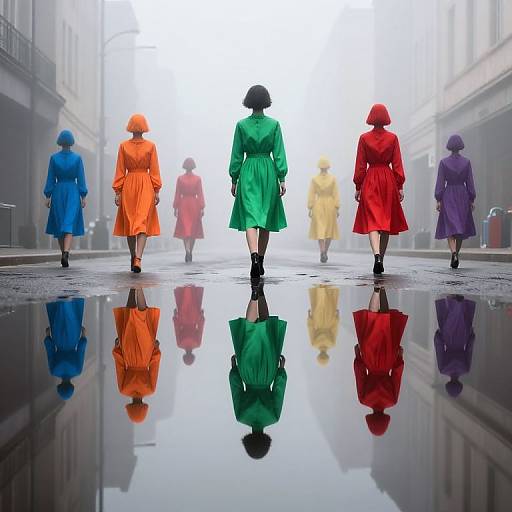 Photograph of seven women in vibrant raincoats (blue, orange, green, red, yellow, purple) walking on a reflective, rainy street