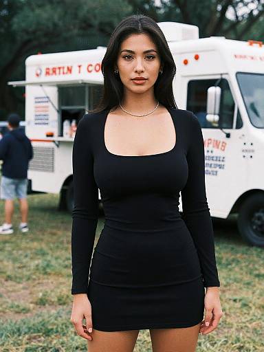 Photograph of a young woman with long black hair, wearing a tight black long-sleeve mini dress, standing in front of a white food truck