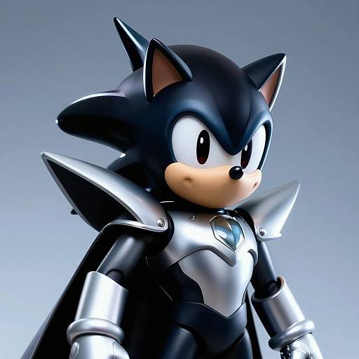 CGI image of Sonic the Hedgehog in shiny black and silver armor with large shoulder plates, set against a gradient blue background.