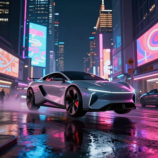 Neon-lit, rainy city street at night featuring a sleek, silver sports car with glowing headlights and vibrant, colorful reflections on the wet pavement.