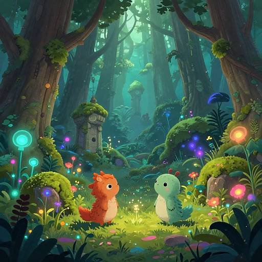 Whimsical forest scene: two adorable, glowing, cartoon-like creatures—one red, one green—sit among colorful fairy lights and vibrant mushrooms under towering