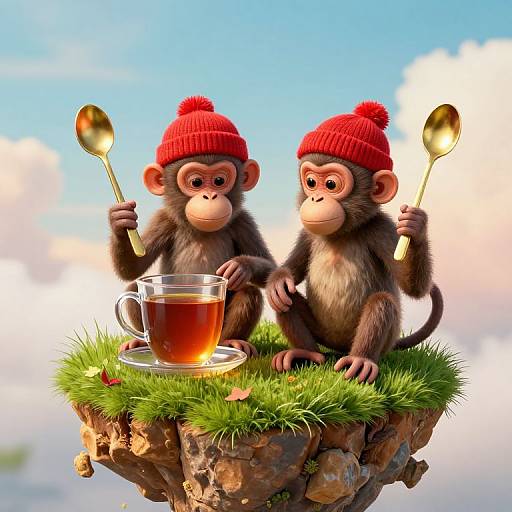 Digital illustration of two adorable baby monkeys wearing red knit hats, sitting on a grassy rock, sipping tea with gold spoons.