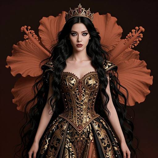 Photograph of a pale-skinned woman with long black hair, wearing an ornate gold and black dress, crown, and orange floral backdrop.