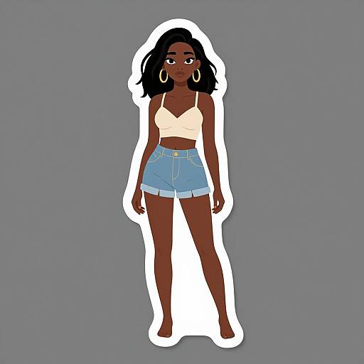Digital illustration of a dark-skinned woman with black hair, wearing a white crop top and blue high-waisted shorts, standing against a gray background