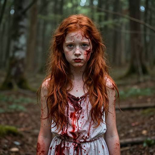Photograph of a young girl with long red hair, blood-stained white dress, standing in a dark, misty forest, staring solemnly forward