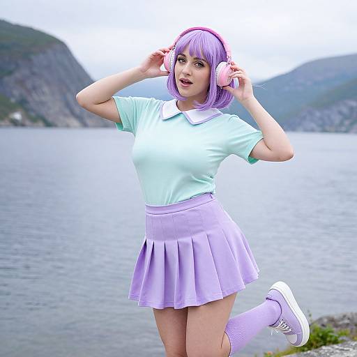 Digital anime-style image of a purple-haired girl in a pastel outfit, listening to pink headphones, standing by a lakeside mountain.