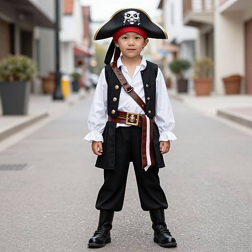 Photograph of a young Asian boy standing on a street in a pirate costume, white shirt, black vest, pants, hat with skull emblem, brown
