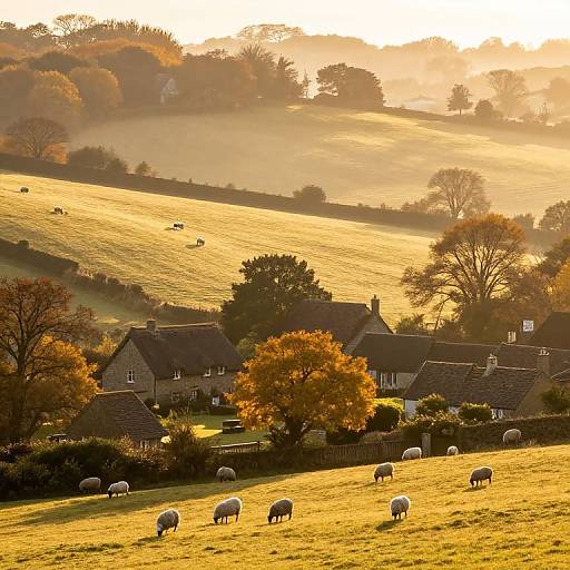 Sunlit countryside photograph of golden fields with grazing sheep, autumn trees, quaint stone cottages, and rolling hills in the background.