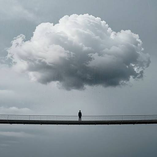 Silhouette of a person standing on a bridge beneath a large, dramatic, white cloud-filled sky in a photograph.