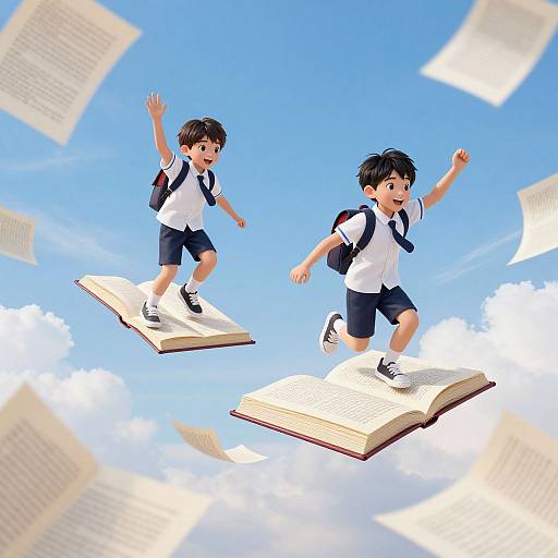 Digital illustration of two excited young boys in school uniforms, jumping on floating open books against a bright blue sky.