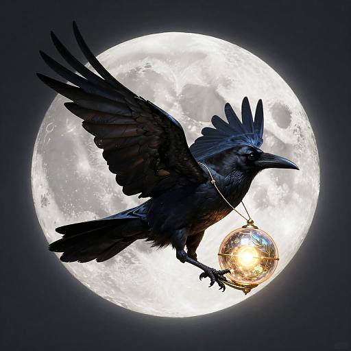 Digital artwork of a black raven with wings spread, holding a glowing orb, against a bright full moon in a dark sky.