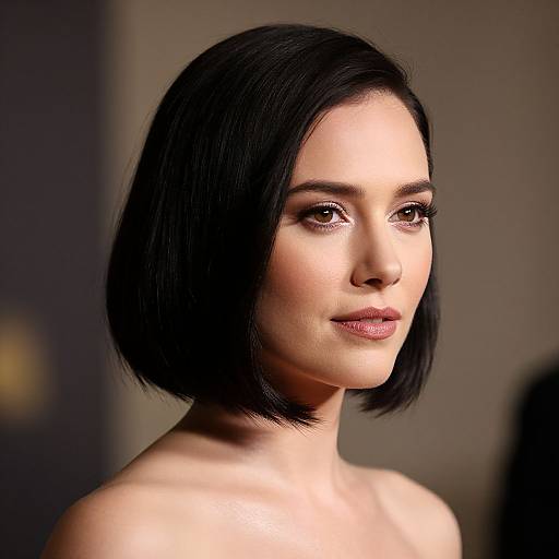 Photograph of a fair-skinned woman with a sleek, black bob haircut, wearing subtle makeup and pink lipstick, against a blurred dark background.