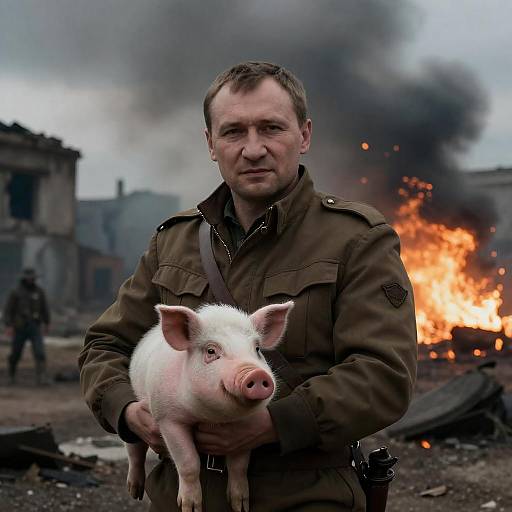 Cinematic Night Prigozhin Holding Pig in Ruins