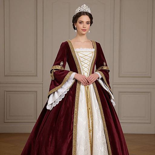 Photograph of a woman in a Renaissance-style maroon velvet gown with gold trim, white lace, and gold corset, wearing a silver tiara