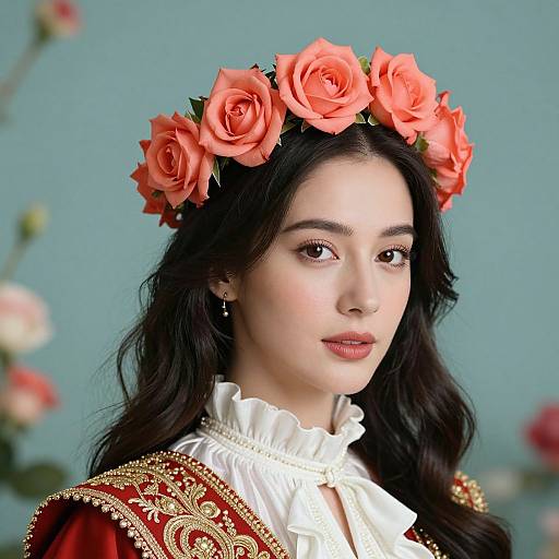 Photograph of a fair-skinned woman with long black hair, wearing a peach rose flower crown, red and gold embroidered dress, white ruffled collar
