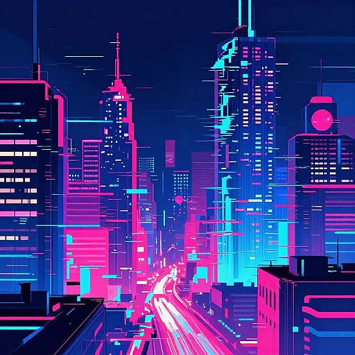 Glitch Art Neon Cyberpunk Cityscape
