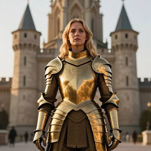 Confident Blonde Warrior in Golden Armor