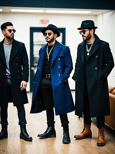 Stylish Men in Long Coats and Hats Indoors