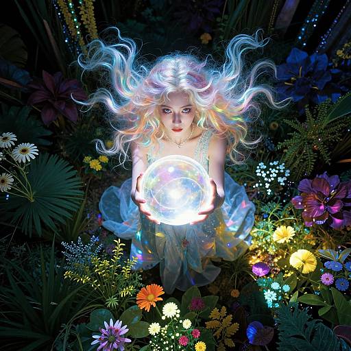 Digital artwork of a mystical blonde woman with glowing hair, holding a bright orb, surrounded by vibrant, colorful flowers in a dark, enchanted forest.