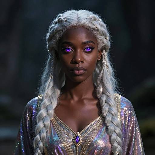 Digital artwork of a dark-skinned woman with glowing purple eyes, long white braided hair, and a shimmering gold top with a purple gemstone