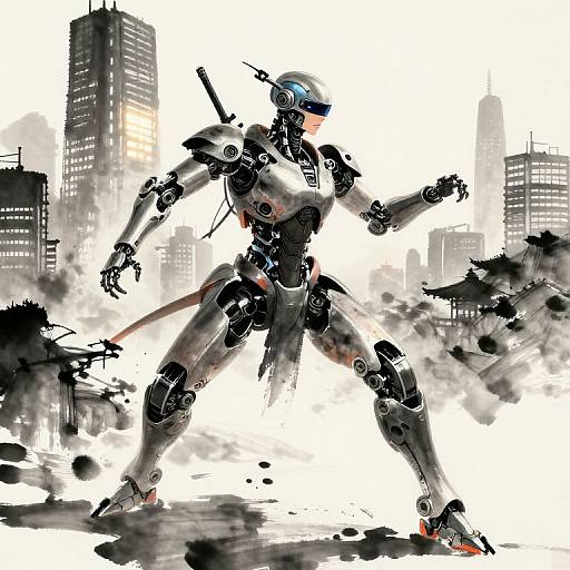 Digital artwork of a humanoid robot with glowing blue visor, standing in a cityscape amidst crumbling buildings and black smoke.