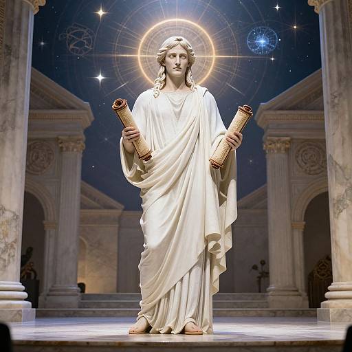 Photograph of a classical statue of an angelic figure in a white toga, holding rolled parchments, with a halo and celestial background.