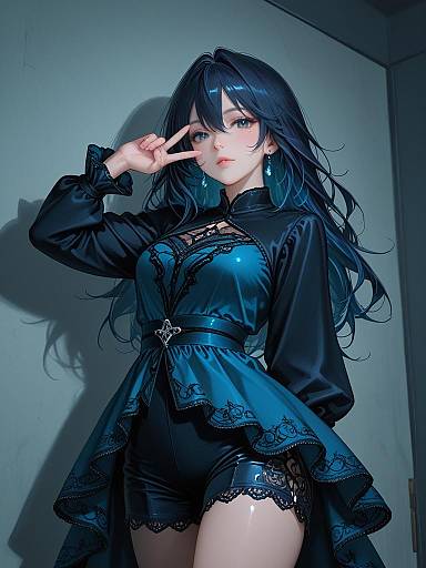 Anime Style Girl in Midnight Blue Velvet Romper