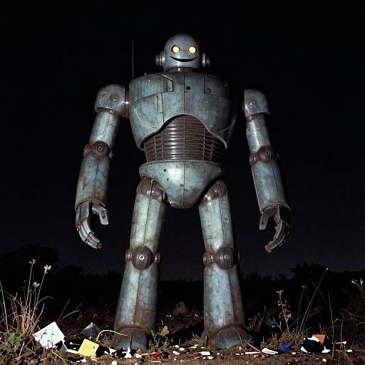 Photograph of a tall, silver, weathered robot with glowing yellow eyes standing in a dark, grassy field littered with trash at night.