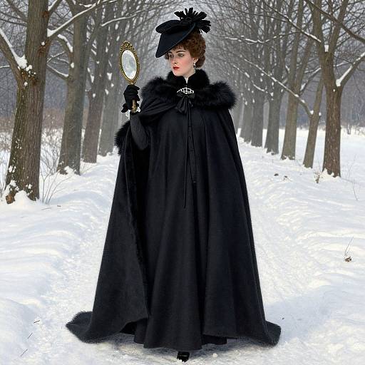 Victorian-style woman in black cloak and hat, holding a mirror, stands in snowy forest; contrast of black against white snow.