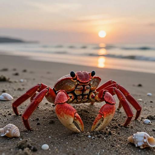 Photograph of a vivid red crab on a sandy beach at sunset, with small shells scattered around and a glowing orange sky in the background.
