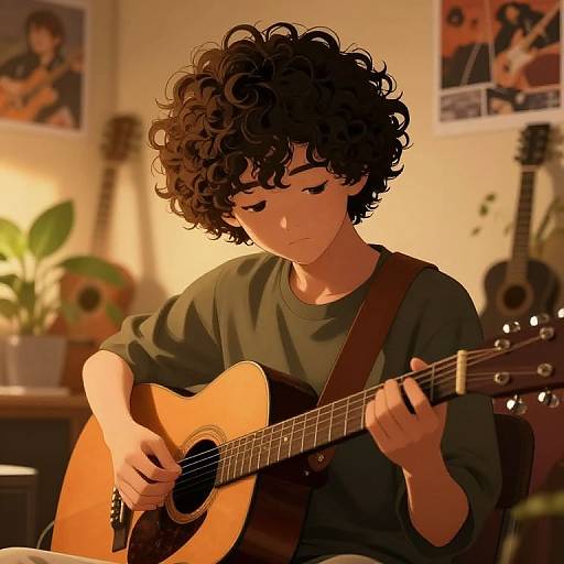 Digital illustration of a curly-haired young person playing an acoustic guitar in a warmly lit, music-themed room with posters and guitars on the wall.