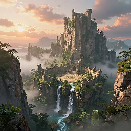 Fantasy digital painting of a majestic, ruined castle perched on a cliff with a waterfall, surrounded by mist, lush greenery, and a sunset