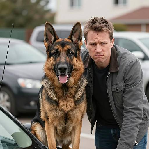 Man and German Shepherd on Car Rooftop