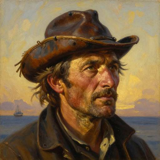 Realistic oil painting of a rugged, middle-aged man with a brown hat, mustache, and weathered face, gazing into the sunset over