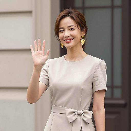 Smiling Woman Waving in Beige Dress
