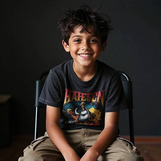 Photograph of a smiling young boy with dark, spiky hair, wearing a black 