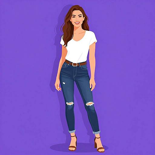 Digital illustration of a smiling woman with long brown hair, wearing a white t-shirt, ripped blue jeans, brown belt, and brown high heels, against