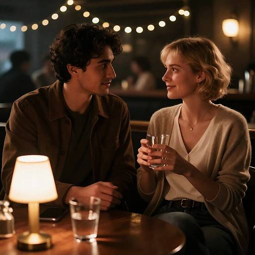 Couple Enjoying Conversation in Dimly Lit Bar