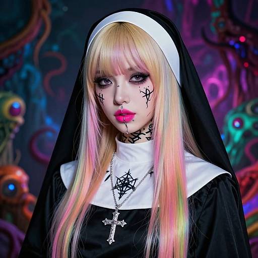 Photograph of a gothic nun with long blonde hair, black and white habit, cross necklace, black star tattoos, neon background, and vibrant,