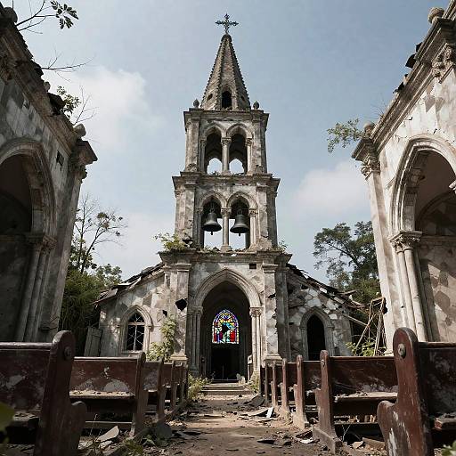 Photograph of an abandoned, weathered stone church with a tall, pointed bell tower, arched windows, colorful stained glass, and overgrown vegetation