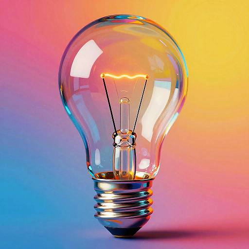 Photograph of a glowing, clear glass light bulb with silver base, set against a vibrant gradient background of orange, pink, and blue.