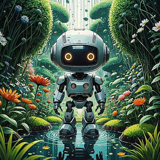 Cute Robot Gardener in Futuristic Floating Garden