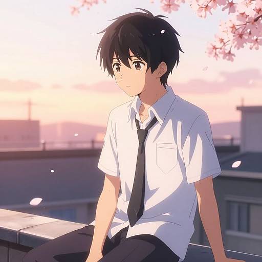 Anime-style digital drawing of a young male with black hair, wearing a white shirt, black tie, and black pants, sitting on a rooftop at sunset