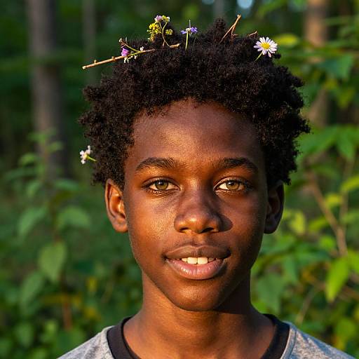 Photograph of a young African boy with dark skin, natural curly hair adorned with small flowers, smiling against a blurred green forest background.