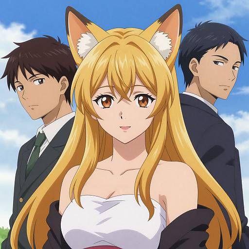 Digital anime-style illustration of a blonde fox-eared girl in a white strapless top, flanked by two serious men in suits.