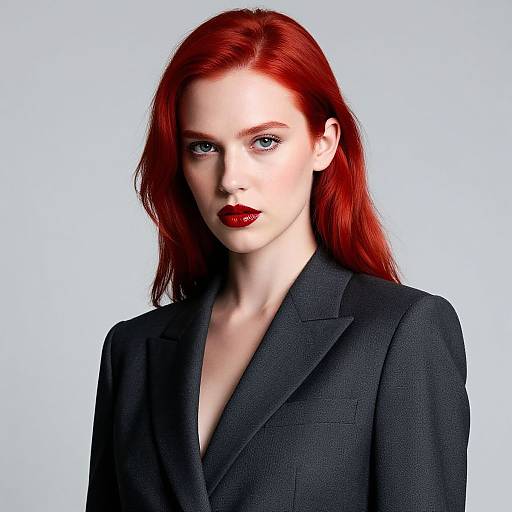 Photograph of a pale-skinned woman with striking red hair, wearing a black blazer, and bold red lipstick, set against a light blue background