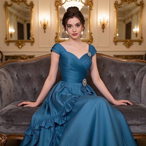 Photograph of a beautiful woman with fair skin and dark hair in an elegant blue, off-shoulder, ruffled gown, seated on a gray