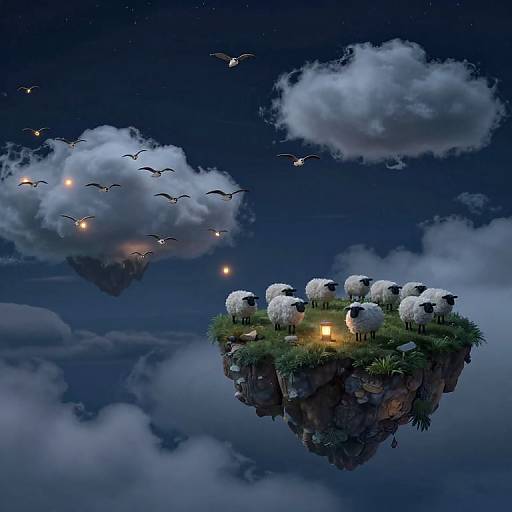 Fantasy illustration of floating cloud island with white sheep, glowing light, green grass, and starry night sky with flying birds.
